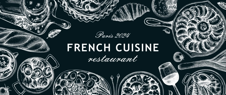 French food background on chalkboard. Traditional food from France sketches. European cuisine frame, restaurant menu design template. Hand-drawn vector illustration, NOT AI generated